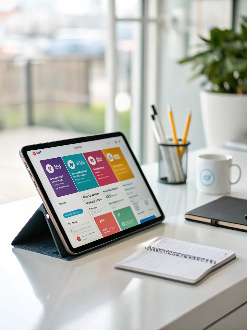 A tablet displaying the Bluewine app interface, showcasing features for managing invoices and tracking payments, used in the Featured Business Banking Apps section.