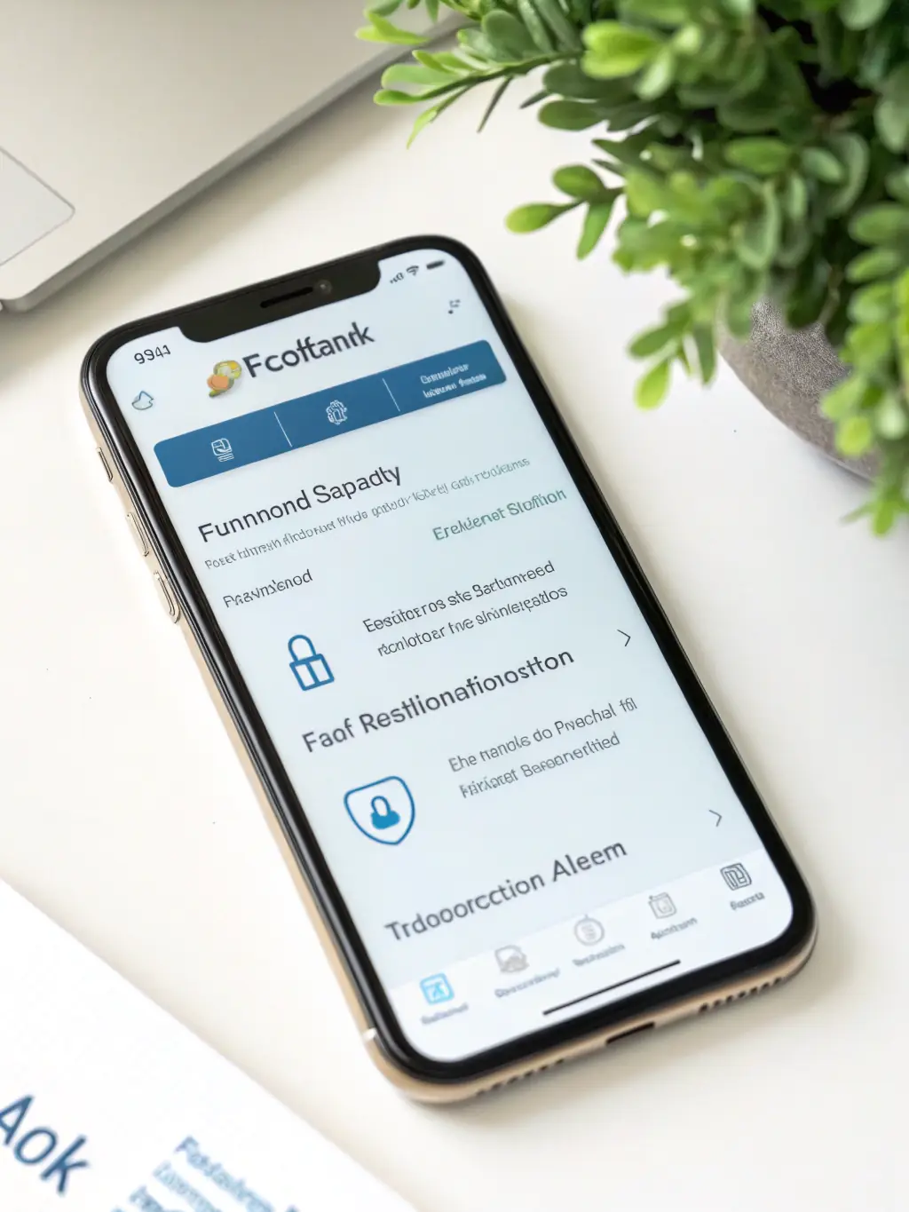 A depiction of the user interface of a mobile banking app, focusing on its security features like biometric login and fraud detection alerts, to emphasize its safety.